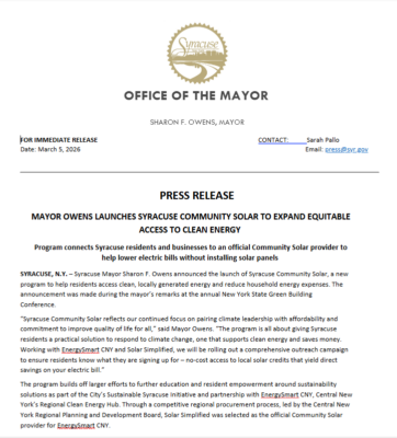 Image of the press release on the City of Syracuse letterhead, with the text shared in this post.