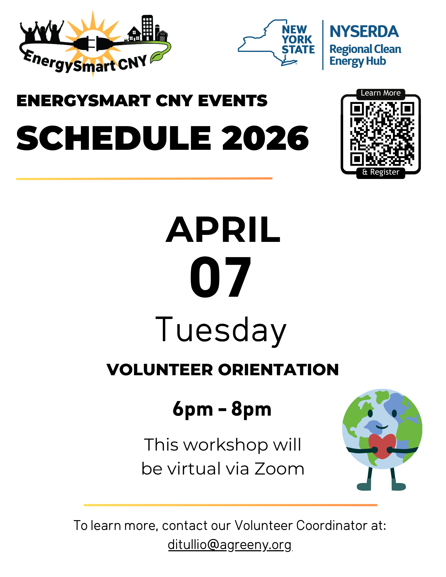 Flyer with black text on a white background announcing a [organization] Volunteer Orientation. Includes the date and time - Tuesday April seventh, twenty-twenty-six from six P.M. to eight P.M. - notes that the event will be held virtually via Zoom, and displays a QR code linking to the registration form